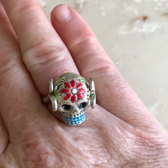 Handmade Sterling Silver Flower Sugar Skull Ring - Picture 4 of 5